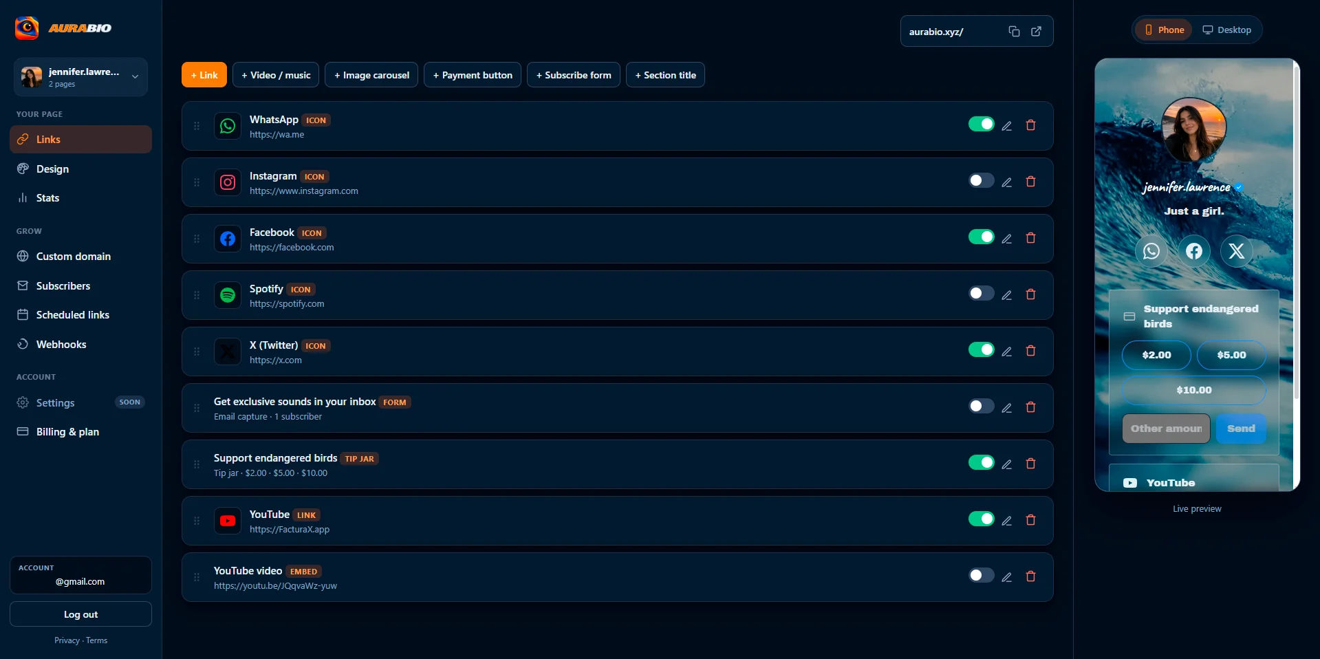 AuraBio dashboard: editing links on the left with a live phone preview of the public page on the right